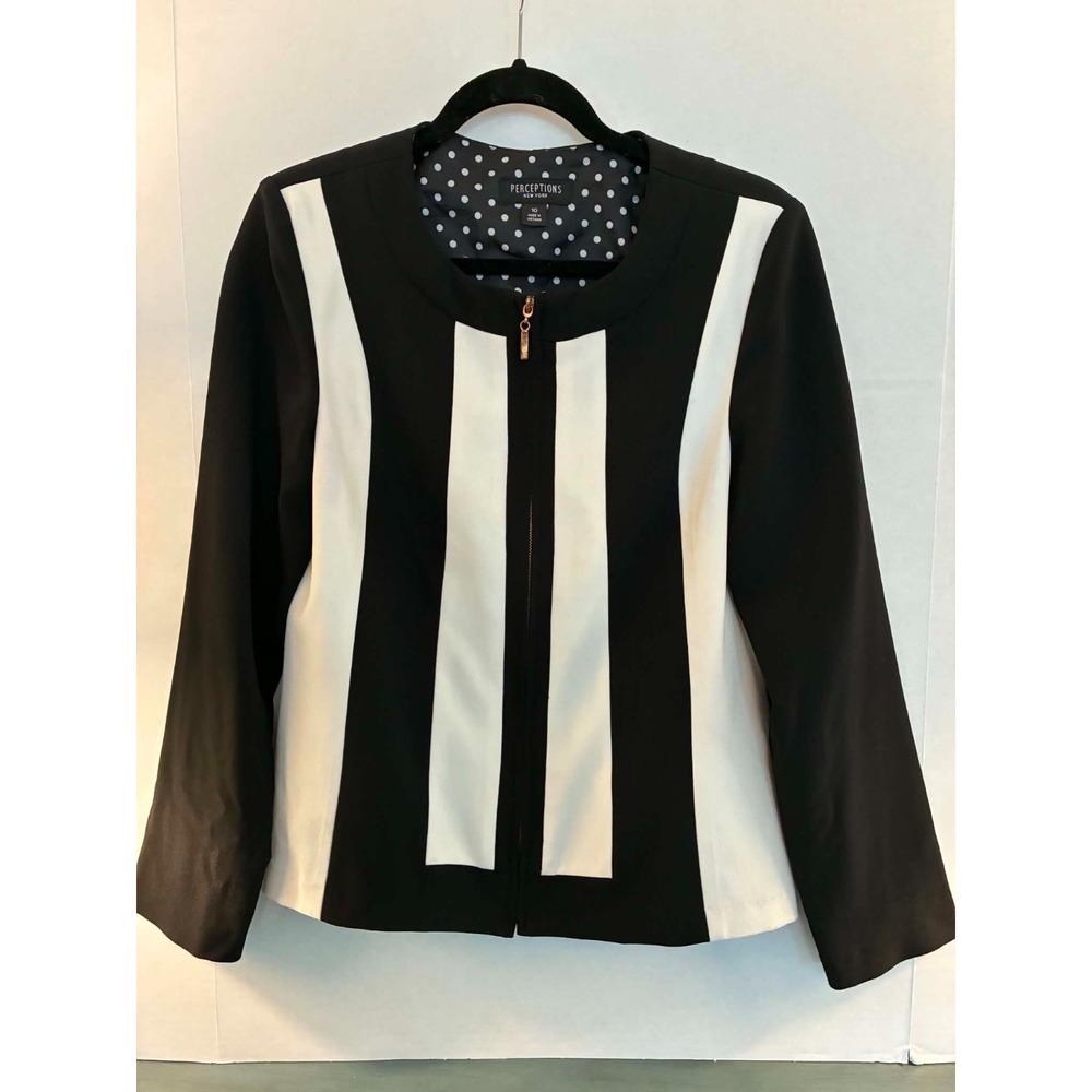 Perceptions New York Womens 10 Black White Colorblock Zip Front Blazer Jacket